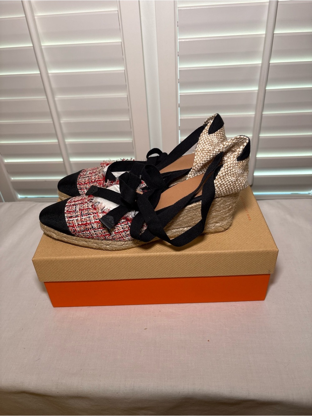 Castaner Woven Espadrille Wedge Sandals with Ribbon Tie - Black & Red